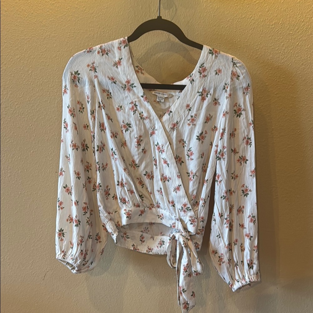 American Eagle • Floral Wrap Blouse - White